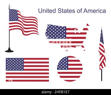 Varie bandiere americane sono isolate su sfondo bianco. Bandiera americana ondeggiante su palo, bandiera da tavolo ed etichette di forme diverse. Simboli patriottici degli Stati Uniti. Illustrazione Vettoriale
