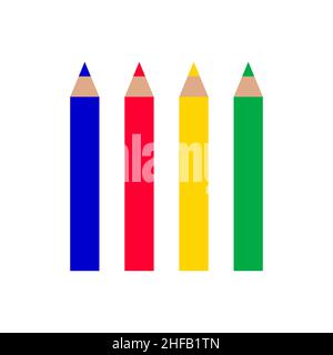 Quattro matite colorate. Set di matite colorate blu, rosse, gialle, verdi. Attrezzatura da colorare. Concetto di base dei colori. Pastelli per disegno dei bambini. Vettore Illustrazione Vettoriale