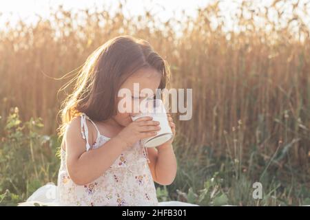 Piccola ragazza dai capelli scuri di 3-4 anni in abito bianco chiaro siede in campo di spikelets di segale mature, tiene un bicchiere di latte nelle sue mani e lo beve in sunn Foto Stock