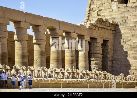 Vicolo del Tempio di Rams di Karnak, famoso punto di riferimento egiziano con statue e templi decaduti. Turisti tra antiche rovine. Le persone in tour prendono il pictur Foto Stock