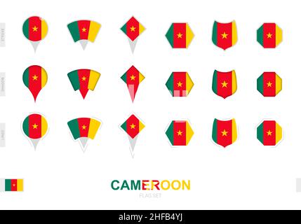 Collezione della bandiera del Camerun in forme diverse e con tre effetti diversi. Set di flag vettoriali. Illustrazione Vettoriale