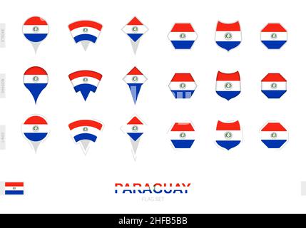 Collezione della bandiera del Paraguay in forme diverse e con tre effetti diversi. Set di flag vettoriali. Illustrazione Vettoriale