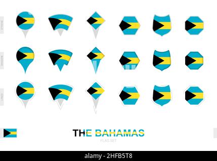 Collezione della bandiera delle Bahamas in forme diverse e con tre effetti diversi. Set di flag vettoriali. Illustrazione Vettoriale