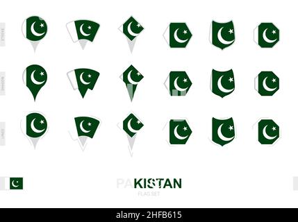 Collezione della bandiera pakistana in forme diverse e con tre effetti diversi. Set di flag vettoriali. Illustrazione Vettoriale