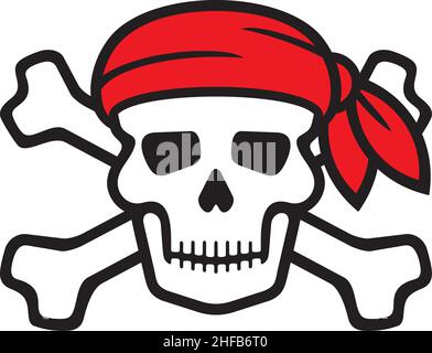 Simbolo pirata - cranio con ossa incrociate e bandana rossa. Illustrazione vettoriale. Illustrazione Vettoriale