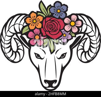 Testa RAM con fiori (illustrazione vettoriale) Illustrazione Vettoriale