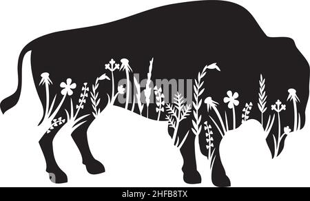 Icona vettoriale del bisonte americano floreale (bufala) (silhouette di erba - fiori e piante). Illustrazione Vettoriale