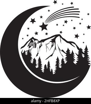 Luna, stelle, montagna e foresta (paesaggio notturno). Mezzaluna vettoriale. Illustrazione Vettoriale