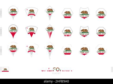 Collezione della bandiera californiana in diverse forme e con tre effetti diversi. Set di flag vettoriali. Illustrazione Vettoriale