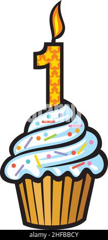 Prima torta di compleanno con illustrazione vettoriale candela Illustrazione Vettoriale
