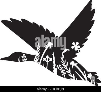 Illustrazione vettoriale dell'anatra floride volante (silhouette d'erba - fiori e piante). Illustrazione Vettoriale