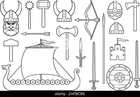 Collezione di icone vichinghe (spada, scudo di legno rotondo, nave lunga, casco cornato, macis, martello, freccia, arco, ascia, torre, vecchio castello) Illustrazione Vettoriale