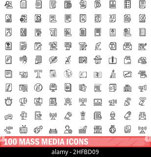 100 icone dei supporti di massa impostate. Illustrazione schematica di 100 icone dei supporti di massa set vettoriale isolato su sfondo bianco Illustrazione Vettoriale