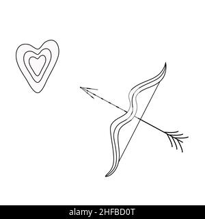Bianco e nero in stile contorno la freccia di Cupido punta al cuore. Concetti di progettazione vettoriale per San Valentino Illustrazione Vettoriale