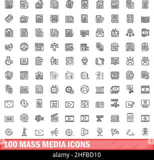 100 icone dei supporti di massa impostate. Illustrazione schematica di 100 icone dei supporti di massa set vettoriale isolato su sfondo bianco Illustrazione Vettoriale