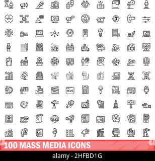 100 icone dei supporti di massa impostate. Illustrazione schematica di 100 icone dei supporti di massa set vettoriale isolato su sfondo bianco Illustrazione Vettoriale