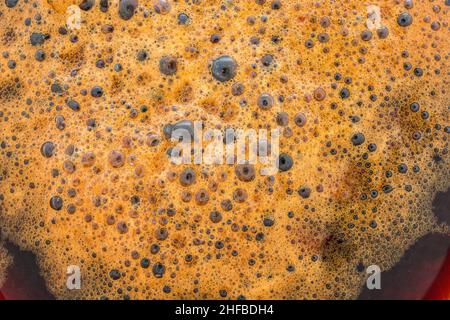 Bolle di gas da perossido di idrogeno / H2O2 in presenza di acido delicato che lavora su acciaio arrugginito. Per reazione chimica, decomposizione, chimica scolastica. Foto Stock