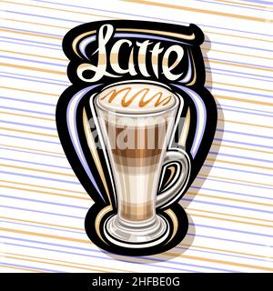 Logo vettoriale per caffè latte, illustrazione di una tazza singola trasparente con dessert a strati di caffè e schiuma lattiginosa montata, cartello decorativo scuro per coff Illustrazione Vettoriale