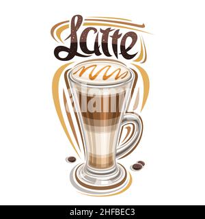 Poster vettoriale per il caffè latte, illustrazione di una tazza singola trasparente con bevanda di caffè naturale e semi tostati, targhetta decorativa con spazzola unica Illustrazione Vettoriale