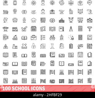 100 icone della scuola impostate. Illustrazione di 100 icone della scuola vettore set isolato su sfondo bianco Illustrazione Vettoriale