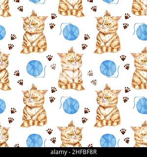 Illustrazione dell'acquerello di un gattino di zenzero e di una palla di filato. Stampa Cat ripetuta senza cuciture con palle di lana e stampe di zampe. Un giocattolo per un gatto. Lavorare a maglia è Foto Stock