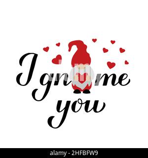 Io gnome voi calligraphy scritta a mano con carattere carino. Divertente citazione di San Valentino. Gnomes pun. Modello vettoriale per il poster del giorno di San Valentino, veicolo di saluto Illustrazione Vettoriale