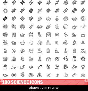 set di 100 icone scientifiche. Illustrazione di un vettore di 100 icone scientifiche isolato su sfondo bianco Illustrazione Vettoriale