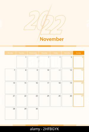 Moderno calendario verticale vettoriale per novembre 2022, pianificatore in inglese. Calendario in arancione. Illustrazione Vettoriale