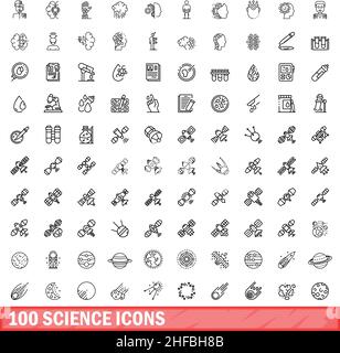 set di 100 icone scientifiche. Illustrazione di un vettore di 100 icone scientifiche isolato su sfondo bianco Illustrazione Vettoriale