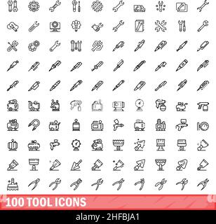 100 icone degli strumenti impostate. Illustrazione a contorno di 100 icone strumento vettore set isolato su sfondo bianco Illustrazione Vettoriale