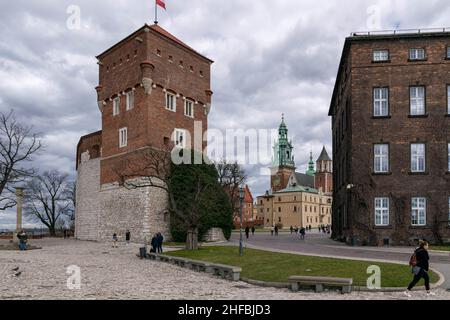 Cracovia, Polonia - 9th marzo 2020: Castello reale di Wawel a Cracovia. La residenza reale consiste in un certo numero di strutture di periodi differenti situate Foto Stock