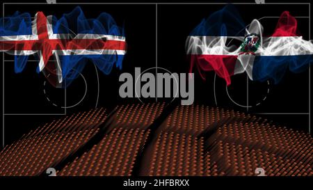 Islanda vs Repubblica Dominicana Basket, bandiera di fumo, gioco di sport Foto Stock