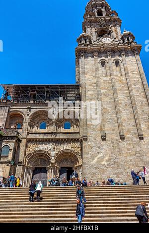 Fachada del reloj en la catedral de Santiago de Compostela, España Foto Stock