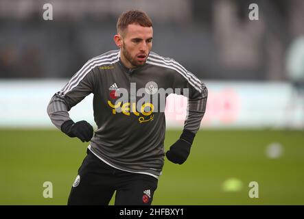 Derby, Regno Unito. 15th gennaio 2022. Rhys Norrington Davies di Sheffield Utd si riscalda davanti alla partita del campionato Sky Bet al Pride Park Stadium di Derby. Il credito d'immagine dovrebbe leggere: Simon Bellis / Sportimage Credit: Sportimage/Alamy Live News Foto Stock