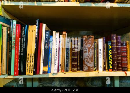 Porto, Portogallo - 18 Nov 2020: Una varietà di vecchi libri polverosi accatastati in ordine e ordinato su una mensola di legno del libro in un deposito o biblioteca del libro. Conc. Organizzazione Foto Stock