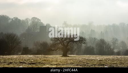 Woolsthorpe, vale di Belvoir, Regno Unito. 15th Jan 2022. La Chiesa di San Giacomo nella nebbia a Woolsthorpe nella vale di Belvoir. Neil Squires/Alamy Live News Foto Stock