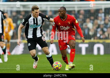 Newcastle. REGNO UNITO. JAN 15th Edo Kayembe di Watford e Chris Wood di Newcastle United in azione durante la partita della Premier League tra Newcastle United e Watford al St. James's Park, Newcastle sabato 15th gennaio 2022. (Credit: Will Matthews | MI News) Credit: MI News & Sport /Alamy Live News Foto Stock