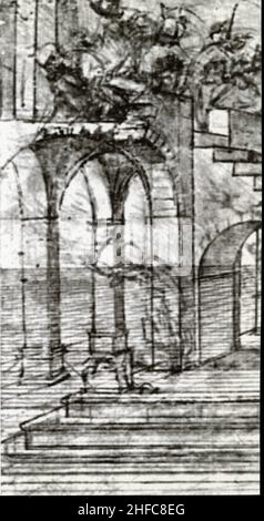 LEONARDO DA VINCI. Studio della prospettiva per l'Adorazione dei Magi, circa 1481. Penna, inchiostro e disegno di vernice di lavaggio su uno schizzo a punti metallici. Dettaglio Foto Stock