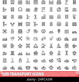 100 icone di trasporto impostate. Illustrazione schematica di 100 icone di trasporto vettore isolato su sfondo bianco Illustrazione Vettoriale