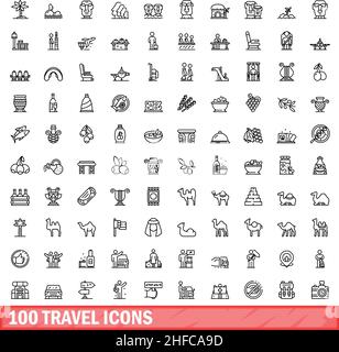 100 icone di viaggio impostate. Illustrazione di 100 icone di viaggio insieme vettoriale isolato su sfondo bianco Illustrazione Vettoriale