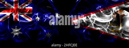 Bandiere di Australia, Australia vs Stati Uniti d'America, America, Stati Uniti, Stati Uniti, America, Samoa Americane. Segnalatore di fumo affiancato sul retro nero gr Foto Stock