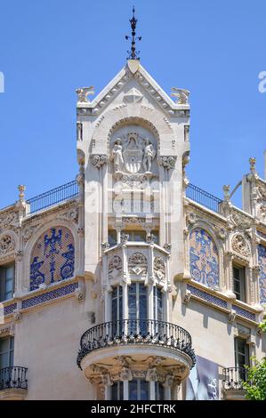 La facciata modernista, Gran Hotel, Plaça Weyler, Palma de Mallorca, Palma comune, Maiorca, isole Baleari, Spagna Foto Stock