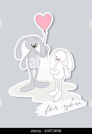 Illustrazione romantica per San Valentino. Simpatici coniglietti con un pallone a forma di cuore. Illustrazione vettoriale. Illustrazione Vettoriale