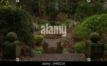 Giardino affondato a Denzell Gardens (Devisdale), con la sua caratteristica forma ellittica e pletora di specie vegetali native e non Foto Stock