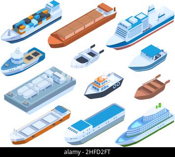 Navi commerciali isometriche, yacht, chiatta, crociere e barche a vela. Passeggeri, navi da carico, yacht e nave vettore set di illustrazione. Acqua Illustrazione Vettoriale