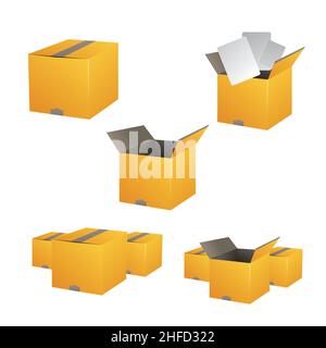 Set di scatole di imballaggio in cartone aperte e chiuse di colore giallo. Illustrazione vettoriale. File vettoriale EPS 10. Illustrazione Vettoriale