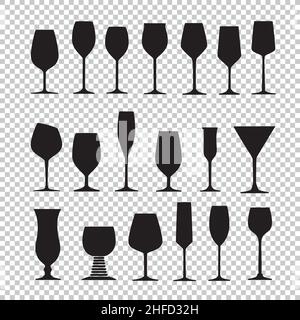Collezione vettoriale di silhouette di occhiali da vino neri su sfondo trasparente controllato. Illustrazione vettoriale. File vettoriale EPS 10. Illustrazione Vettoriale