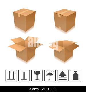 Scatola di imballaggio in cartone aperta e chiusa marrone con icone. Illustrazione vettoriale. File vettoriale EPS 10. Illustrazione Vettoriale