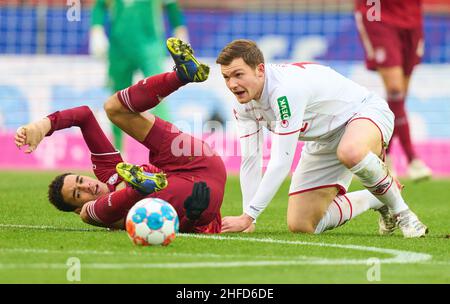 Luca KILIAN, 1.FCK 15 gareggia per la palla, affrontando, duello, header, zweikampf, Azione, lotta contro Jamal MUSIALA, FCB 42 nella partita 1.FC Köln - FC BAYERN München 0-4 1.German Football League il 15 gennaio 2022 a Colonia, Germania Stagione 2021/2022, giorno della partita 19, 1.Bundesliga, 19.Spieltag, © Peter Schatz / Alamy Live News - LE NORMATIVE DFL VIETANO L'USO DI FOTOGRAFIE come SEQUENZE DI IMMAGINI e/o QUASI-VIDEO - Foto Stock