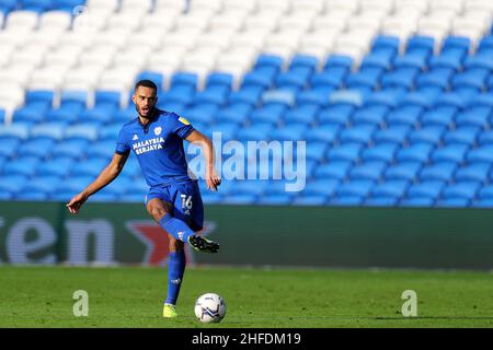 Cardiff, Regno Unito. 15th Jan 2022. Curtis Nelson di Cardiff City in azione. EFL Skybet Championship Match, Cardiff City vs Blackburn Rovers al Cardiff City Stadium di Cardiff, Galles sabato 15th gennaio 2022. Questa immagine può essere utilizzata solo a scopo editoriale. Solo per uso editoriale, licenza richiesta per uso commerciale. Nessun uso in scommesse, giochi o un singolo club/campionato/player pubblicazioni. pic di Andrew Orchard/Andrew Orchard sport fotografia/Alamy Live news credito: Andrew Orchard sport fotografia/Alamy Live News Foto Stock